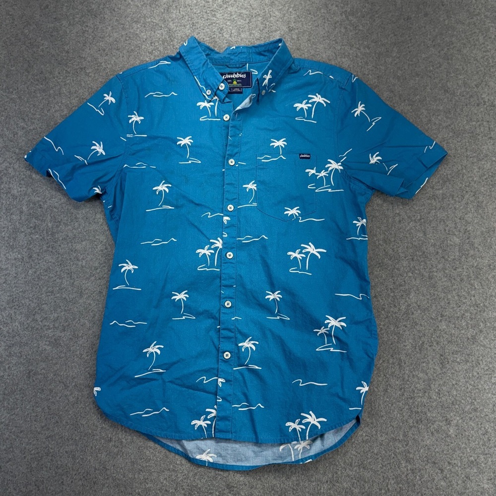 Chubbies Men's Shoreline Shirt Large Blue Palm Print Short Sleeve Button Down